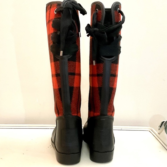 Coach Tristee Back Lace Up Fleece Lined Buffalo Plaid Rain Rubber Boots Size 10B - Picture 8 of 16